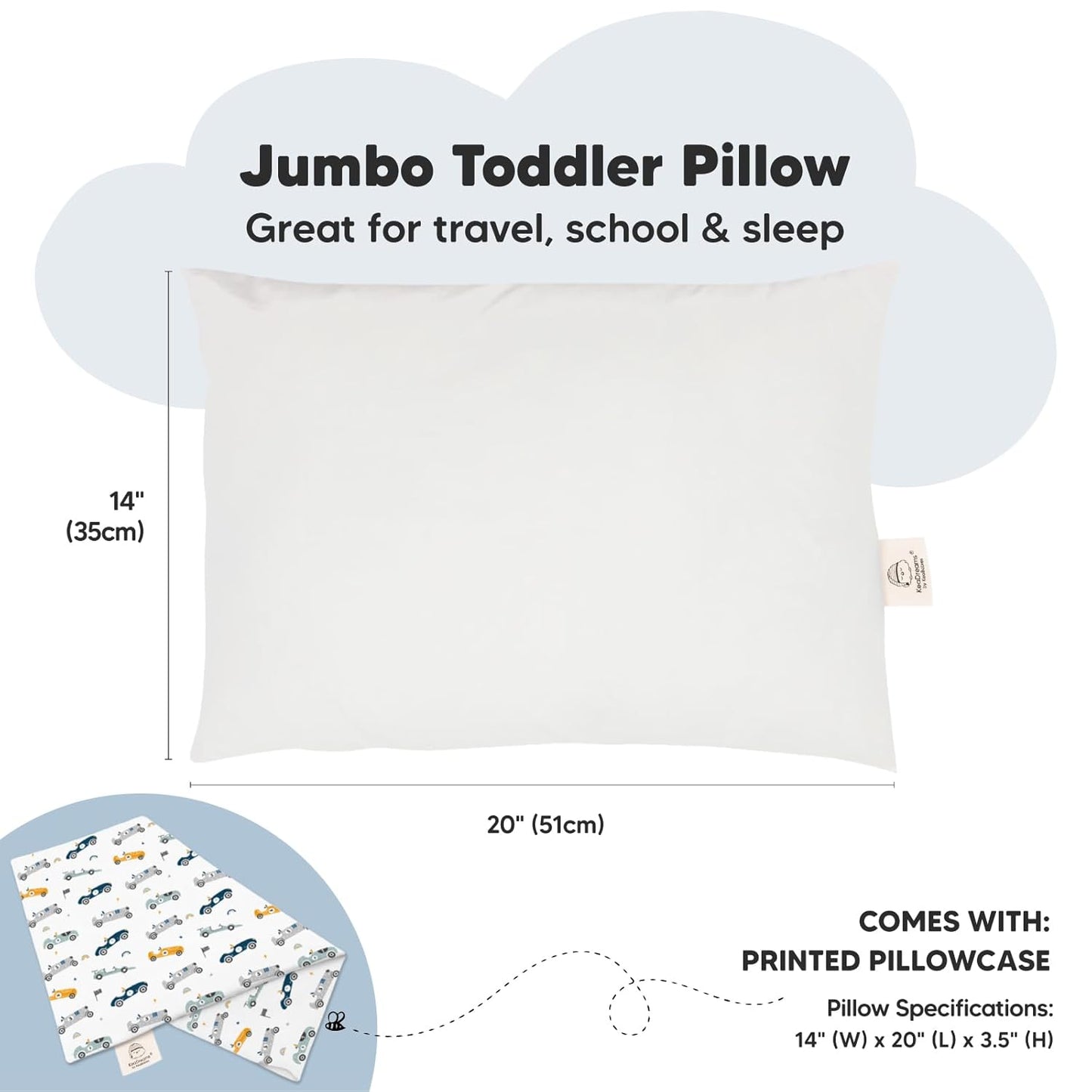 KeaBabies Toddler Pillow with Pillowcase, Jumbo 14X20 - Soft Organic Cotton Toddler Pillows for Sleeping - Machine Washable - Perfect for Travel, Toddler Bed Set (Racecars)