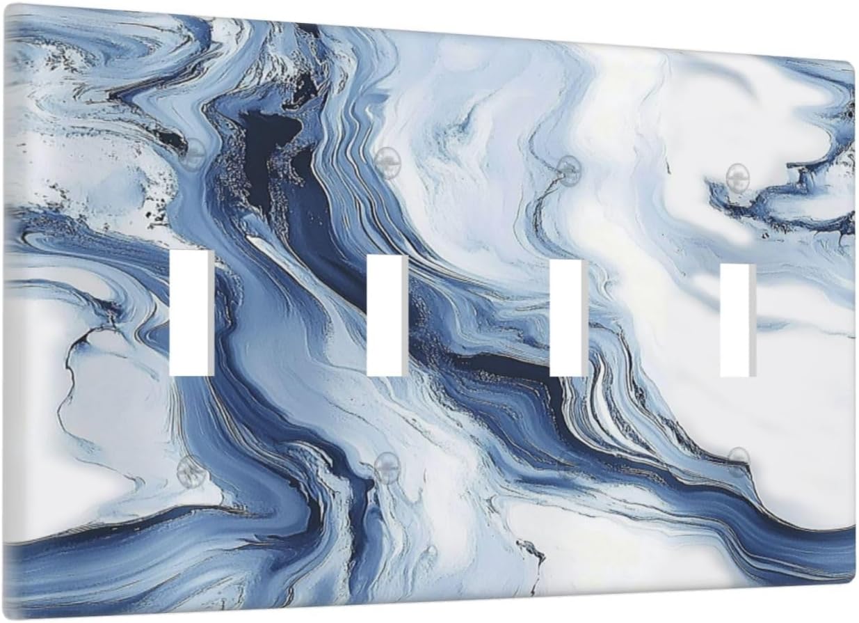 Light Switch Covers White Marble Navy Blue Line Fluid Quad Toggle Electrical Faceplate 4 Gang Wall Plate Decorative Switch Plates For Bathroom Kitchen Decor