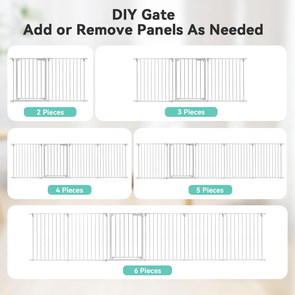 COMOMY 150" Extra Wide Baby Gate With Door - Auto Close Fence Play Area for House Doorways, Fireplace - Walk Through Pet Gate, Hardware Mounted, 6-Panels (30" Tall, White)