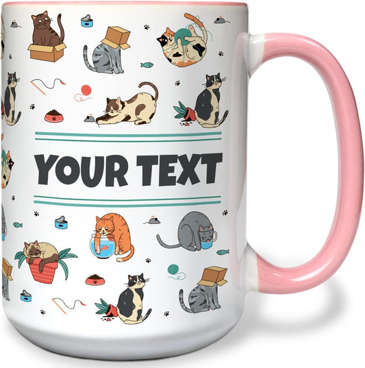 Personalized Mug for Kids - Cats - Custom Name/Text, Ceramic Hot Chocolate/Cocoa/Coffee Cup for Boys/Girls, Birthday/Christmas/Holiday Gift - 15 oz, Pink Handle