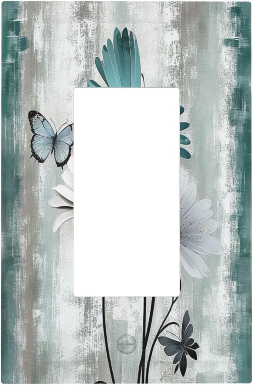 Decorative Outlet Covers Rustic Teal Daisy Floral Flowers Butterfly Wood Grain 1 Gang Single Rocker Light Switch Cover Plate Wall Plates GFCI Faceplate for Bathroom Bedroom Decor