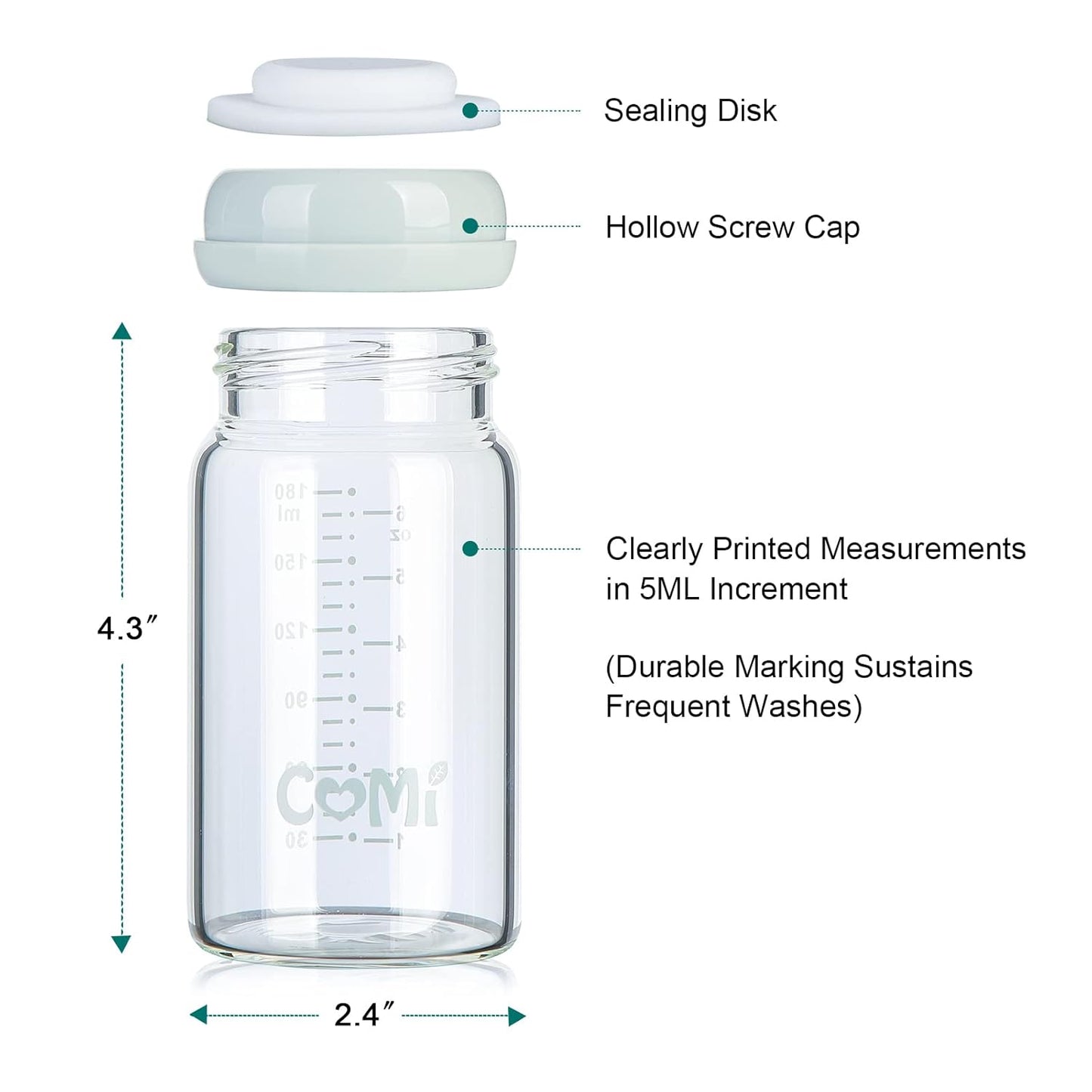 COMI Wide Neck Glass Breastmilk Collection n Storage Bottle, 6oz with Screw Ring Sealing Disk; Re-markable Sealing Disc. BPA Free, Fits Breast Pumps & Nipples (Gray Lids)