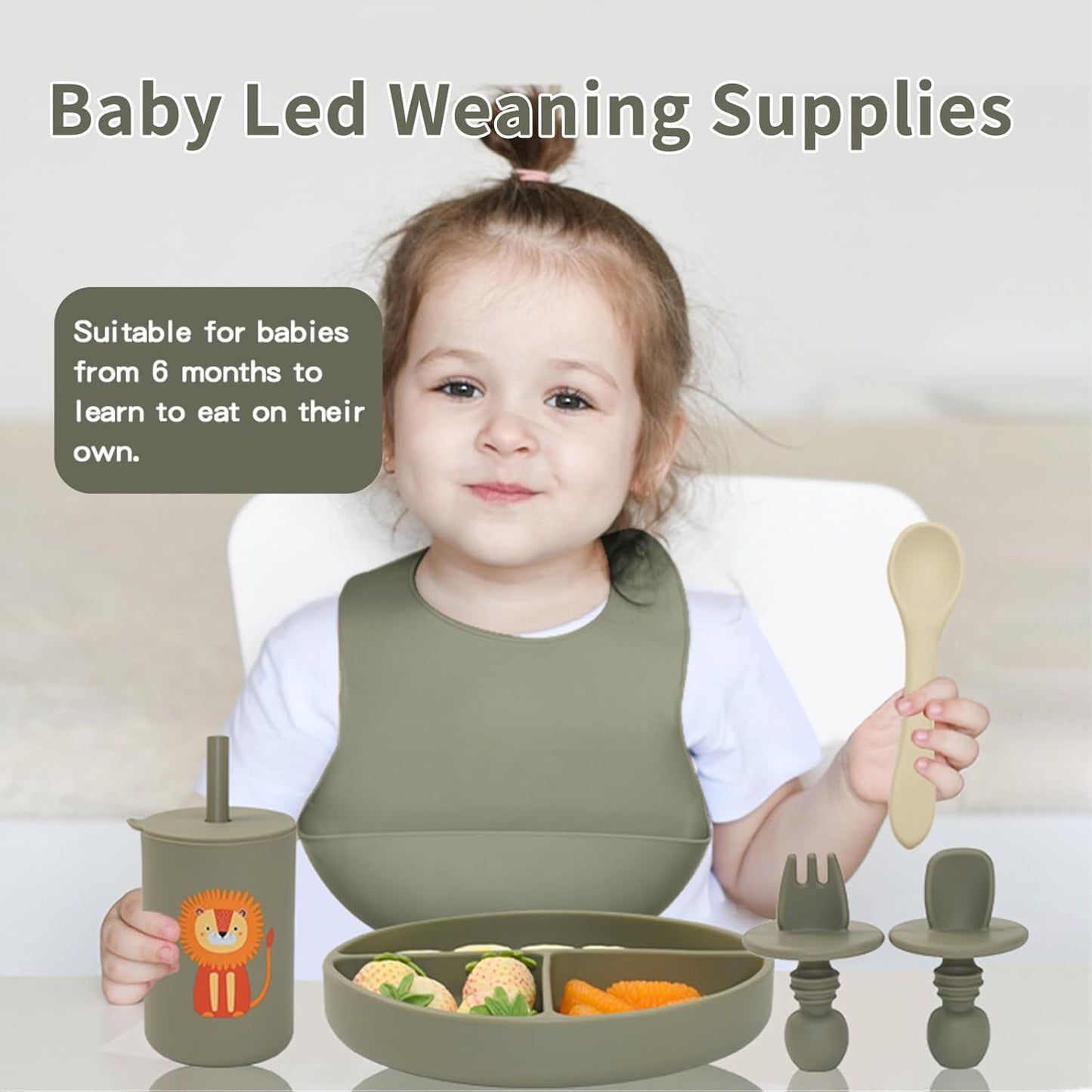 Silicone Baby Feeding Set, Baby Led Weaning Supplies, Baby Spoons Suction Divided Plate Bib Cup, First Stage Solid Food Eating Utensils - 6+ Months(Green-Beige)