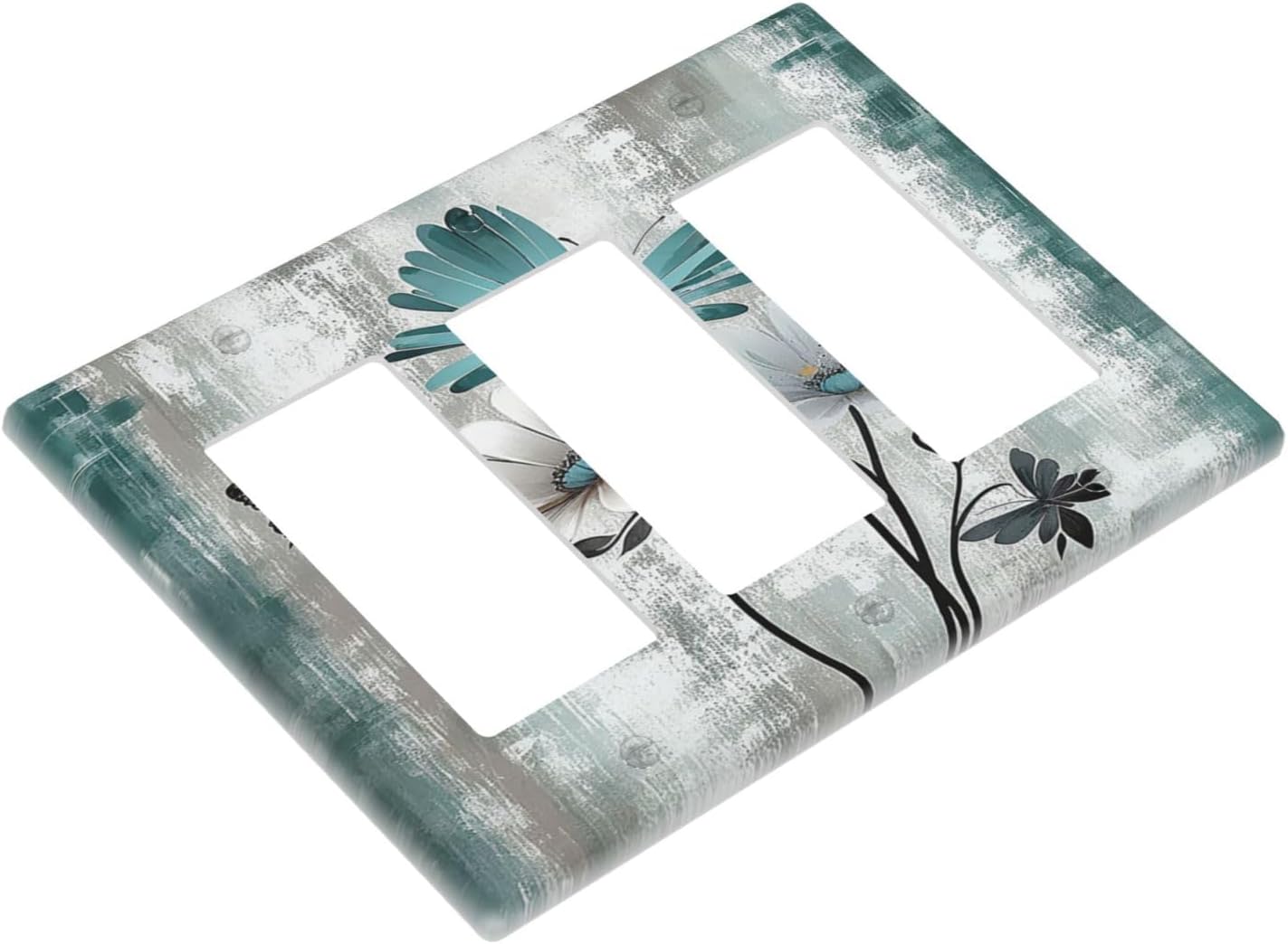 Light Switch Covers Rustic Teal Daisy Floral Flowers Butterfly Wood Grain 3 Gang Rocker Electrical GFCI Decorative Triple Outlet Wall Plate Cover Switchplate for Bathroom Bedroom Decor