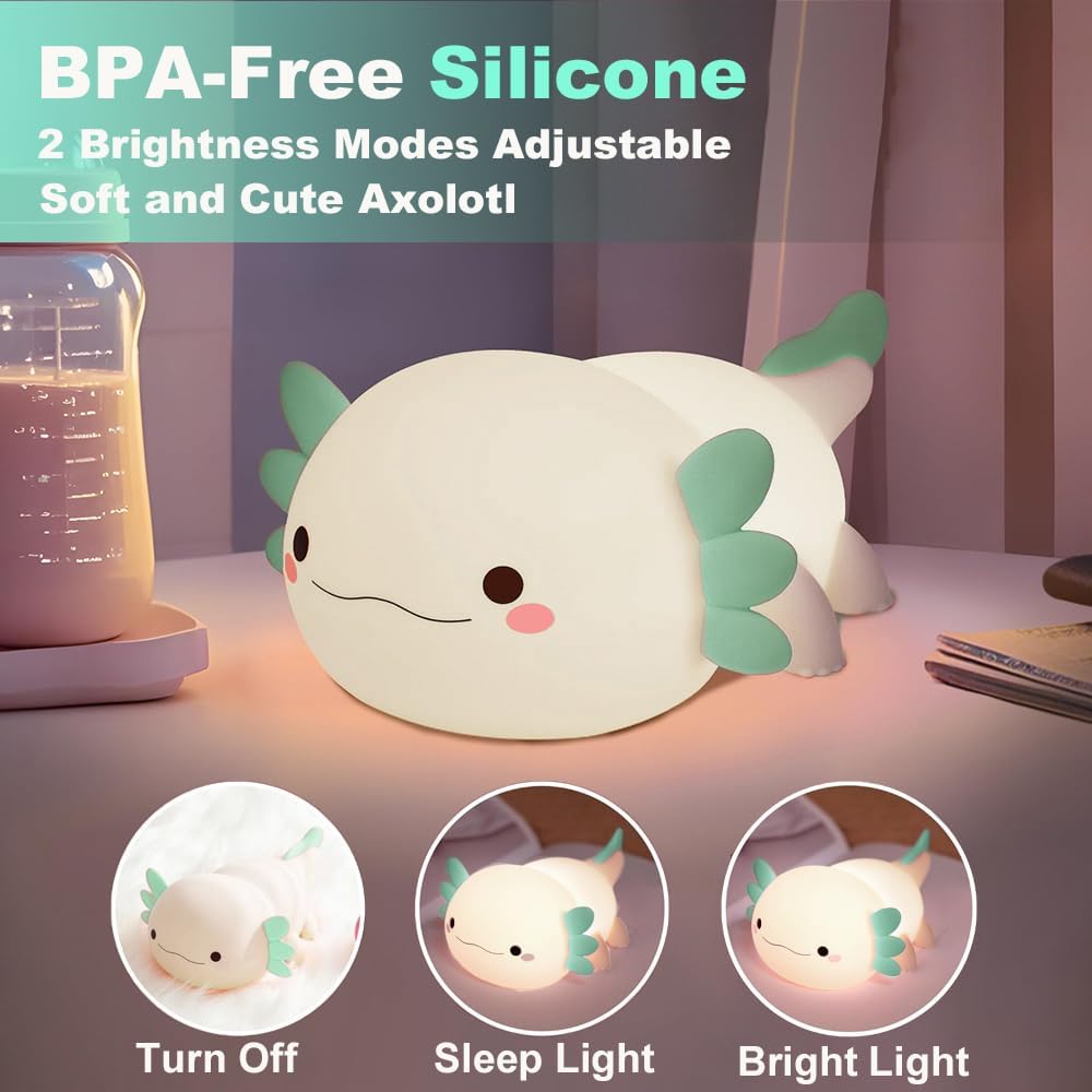 Cute Axolotl Night Light for Kids Bedroom, Animal Silicone Nursery Night Lamp Touch Control Nightlights USB Rechargeable Bedside Lamp for Baby Children Toddlers Girls Gift