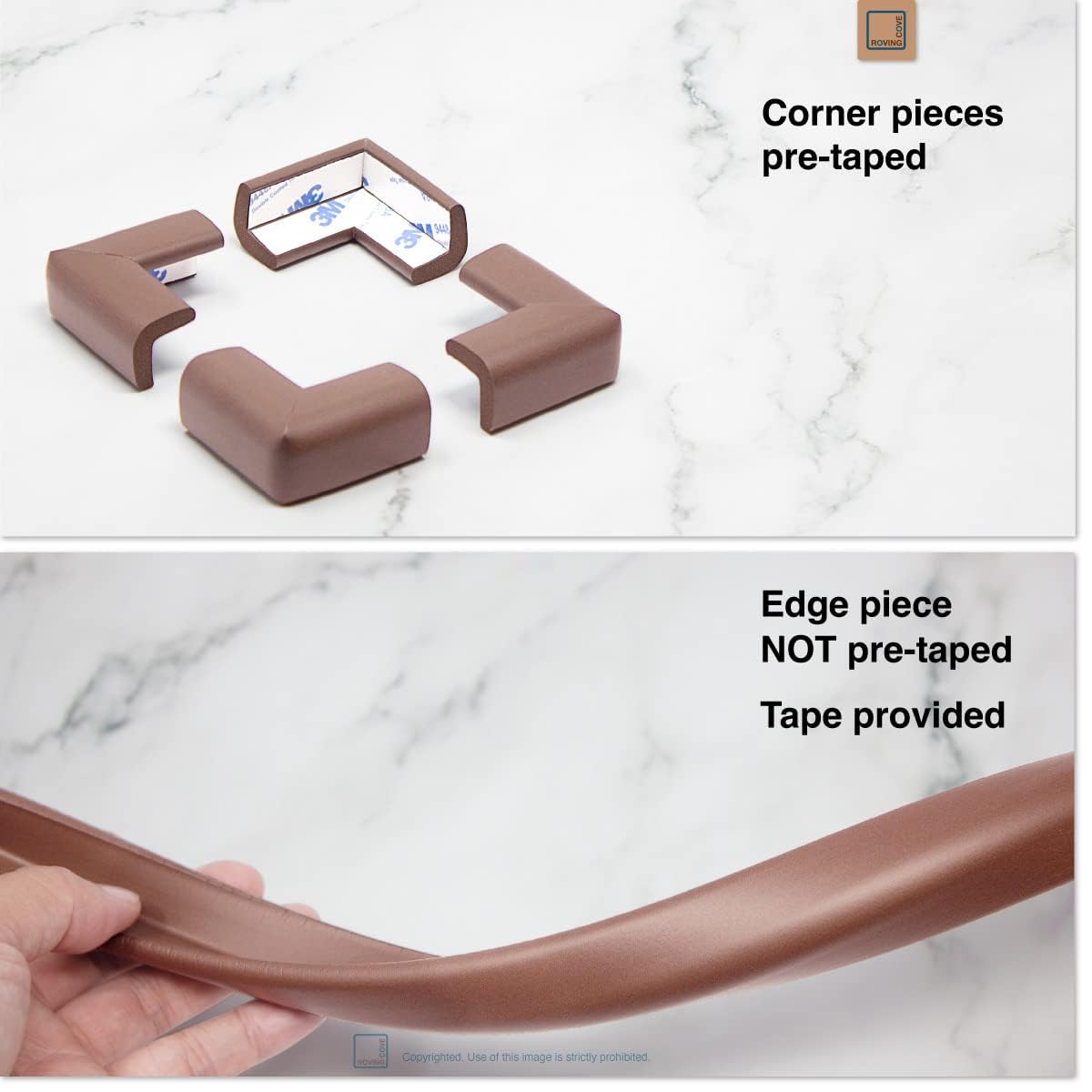 Roving Cove Slim-Fit Corner Edge Protector for Baby Proofing (Small 15ft Edge 4 Corners), Furniture Safety Bumper Guard, Soft NBR Rubber Foam, 3M Adhesive, Coffee Brown