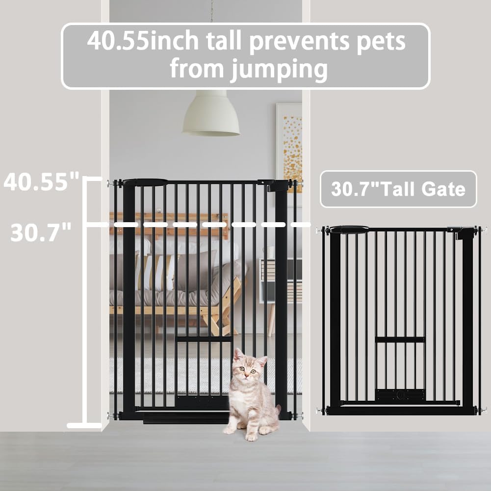 40.55" Tall 1.37" Ultra Narrow Spacing Dogs Pets Baby Gate with Door for Doorway Cat Safety Proof Indoor 73.43"-81.30" Extra Wide Puppy Pressure Mounted No Drill White Black Metal Hallway