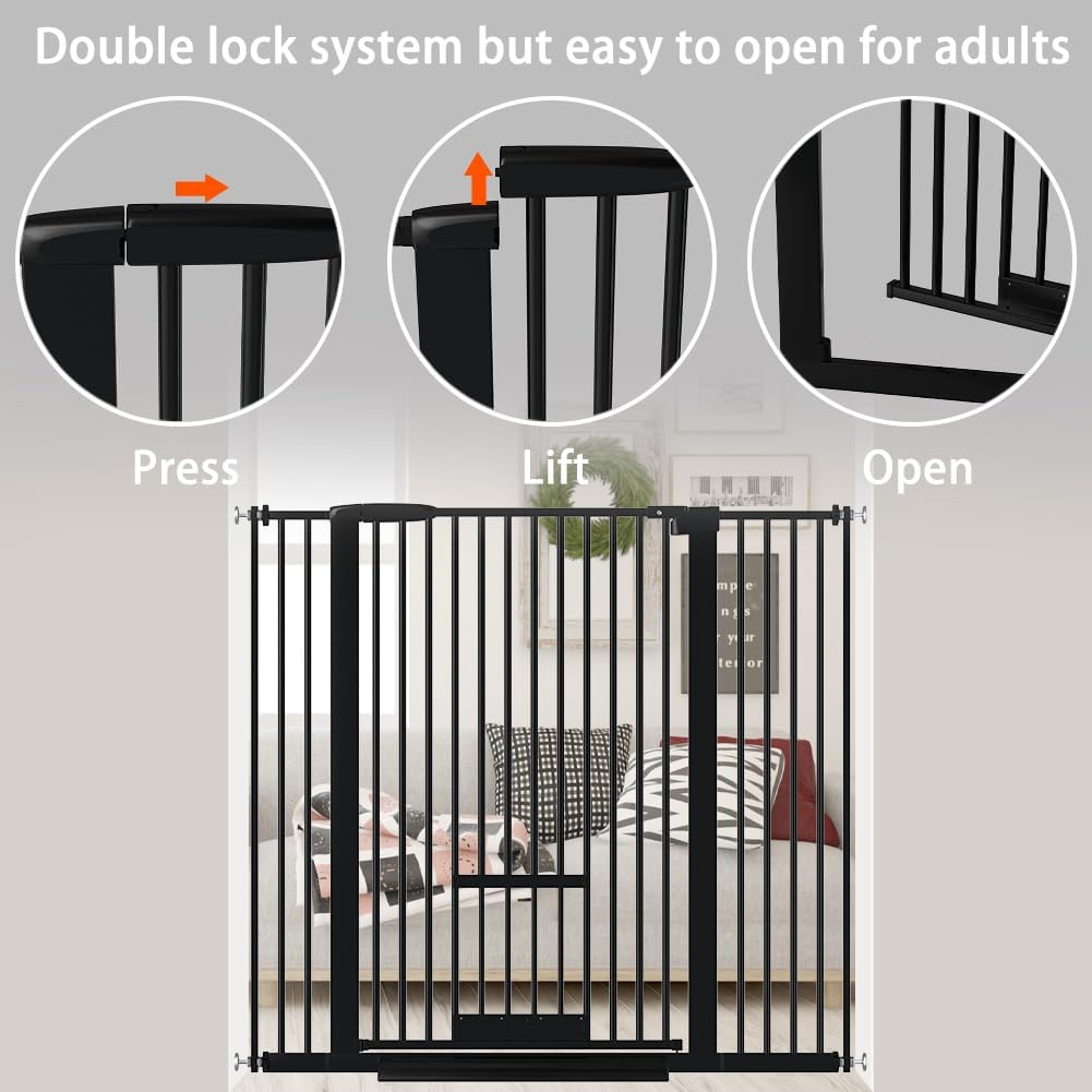 40.55" Tall 1.37" Ultra Narrow Spacing Dogs Pets Baby Gate with Door for Doorway Cat Safety Proof Indoor 30.12-45.87" Extra Wide Puppy Pressure Mounted No Drill White Black Metal Hallway