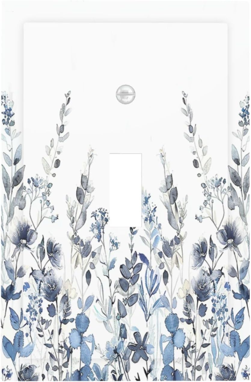 Decorative Light Switch Cover Light Blue Watercolor Leaves Plant With Floral 1 Gang Single Toggle Device Electrical Faceplate Switchplates Decorator Outlet Wall Plate for Bedroom Bathroom