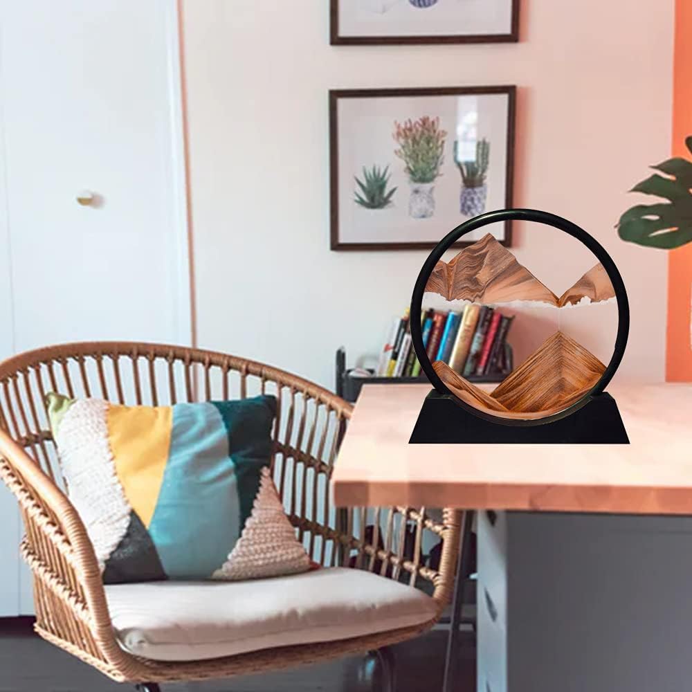 Aoderun Moving Sand Art Picture Round Glass 3D Deep Sea Sandscape in Motion Display Flowing Sand Frame Relaxing Desktop Home Office Work Decor (12", Orange)