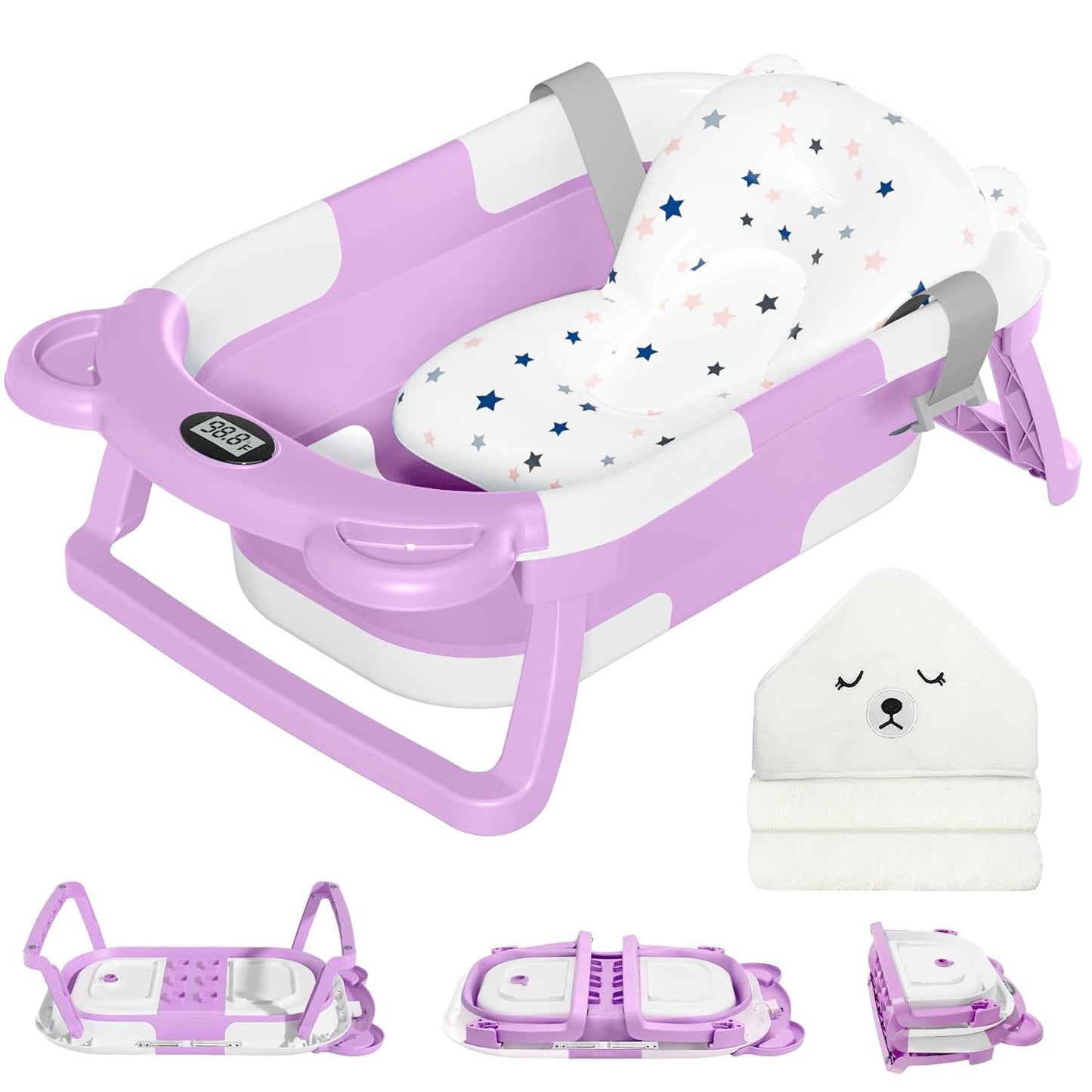 MoreFeel Collapsible Baby Bathtub for Newborn with Thermometer & 1 Hooded Towel & 1 Soft Floating Cushion,Portable Travel Bathtub with Drain Hole, Durable Foldable Baby Tubs for Infants to Toddler