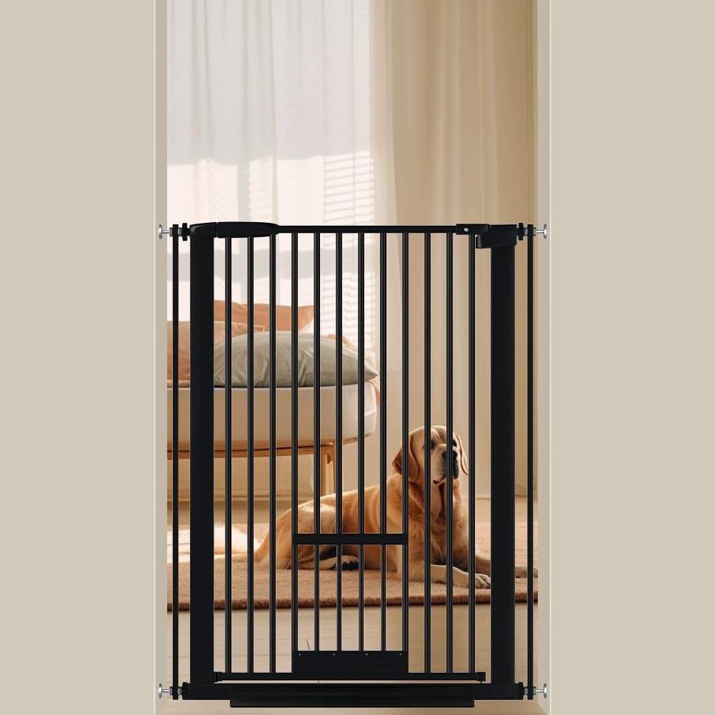 40.55" Tall 1.37" Ultra Narrow Spacing Dogs Pets Baby Gate with Door for Doorway Cat Safety Proof Indoor Extra 30.12-34.06" Wide Puppy Pressure Mounted No Drill White Black Metal Hallway