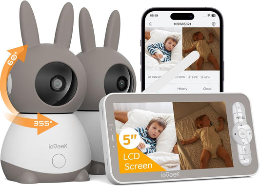 ieGeek 2K Split-Screen Baby Monitor, 5" Audio Baby Monitor with 2 Cameras, WiFi Smartphone Video Dual Camera, Night Vision, Motion & Cry Detection, Two Way Talk Temper &Humidity Sensor