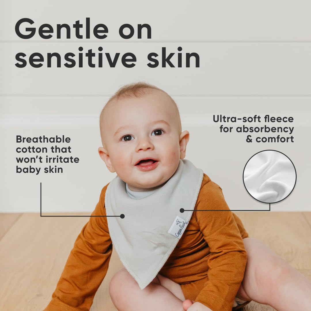 Copper Pearl 4 Pack Soft Cotton Baby Bibs for Drooling and Teething, Absorbent Drool Bibs for Baby Girl and Boy, Adjustable to Fit Newborns to Toddlers (Gray Basics)