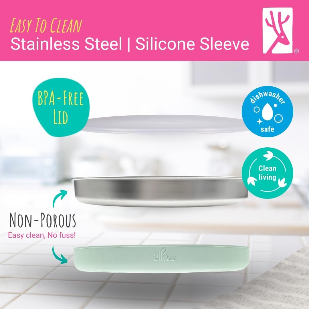 Elk and Friends 7.8” Stainless Steel Non Divided Plates with Silicone Sleeve + Storage Lid | Baby, Toddler, Kids | Dishwasher Safe | Dinner & Snack Plates | 2 Pack