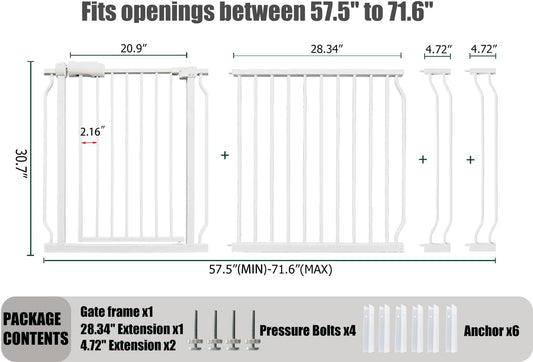 Extra Wide Baby Gate Tension Indoor Safety Gates White Metal Large Pressure Mounted Pet Walk Through Long Dog for The House Doorways Stairs (66.9 inches-71.6 inches, White) (Th-0001)