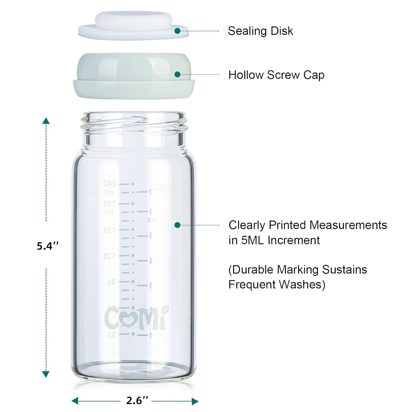 COMI Wide Neck Glass Breastmilk Collection n Storage Bottle, 8oz with Screw Ring Sealing Disk; Re-markable Sealing Disc. BPA Free, Fits Breast Pumps & Nipples (2 Gray Lids)