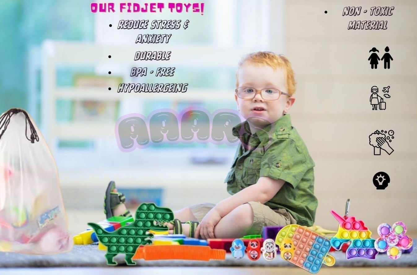 Fidget Toys Box (Set of 72), Perfect sensory toys for kids 5-7 including fidget spinner and fidget ring, durable Autism sensory toys and Summer fidget pack, fidget toys for teens, Figette Toys Pack