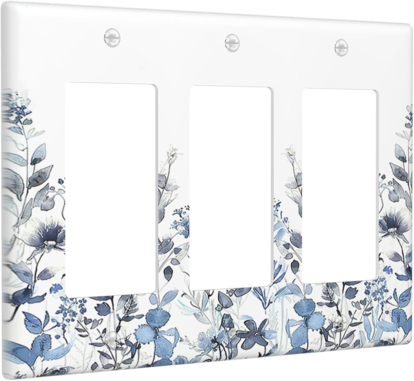 Light Switch Covers Light Blue Watercolor Leaves Plant With Floral 3 Gang Rocker Electrical GFCI Decorative Triple Outlet Wall Plate Cover Switchplate for Bedroom Bathroom Decor