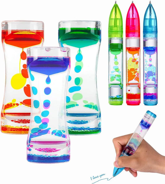 Liquid Motion Bubbler Pen Calm Relief Sensory Toy Liquid Motion Timer Colorful Stress and Anxiety Autism Fidget Toy Pen Gifts for Children and Adults Back-to-School Supplies-6 Pack