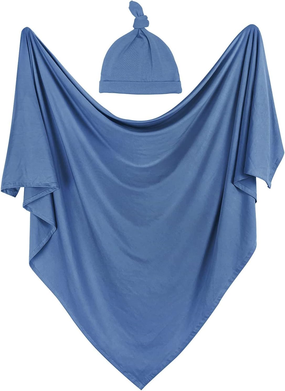iEvolve Cotton Knitted Baby Swaddle Blanket with Hat Headband Set Newborn Swaddle Wrap Receiving Blankets for Baby Girl Boy 45" x 45"(Sapphire Blue)