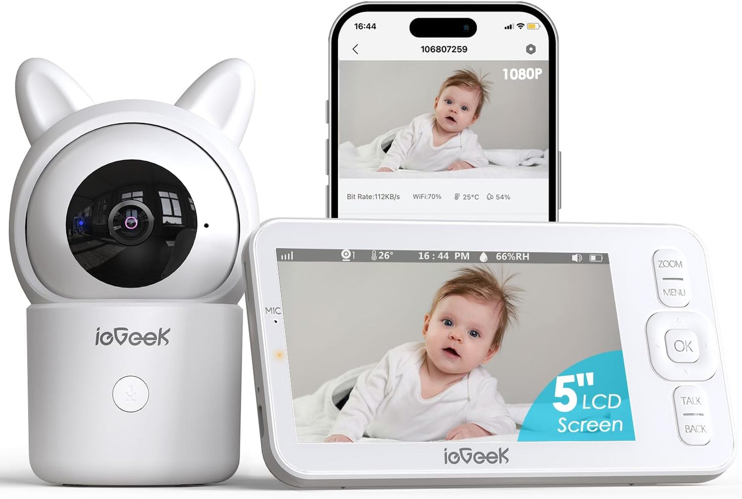 ieGeek Baby Monitor with Camera and Audio,5" Screen,HD Night Vision,2-Way Talk,Cry&Motion Detection,Temperature&Humidity Sensor,WiFi Baby Camera Monitor Supports Smartphone App(Upgrade)