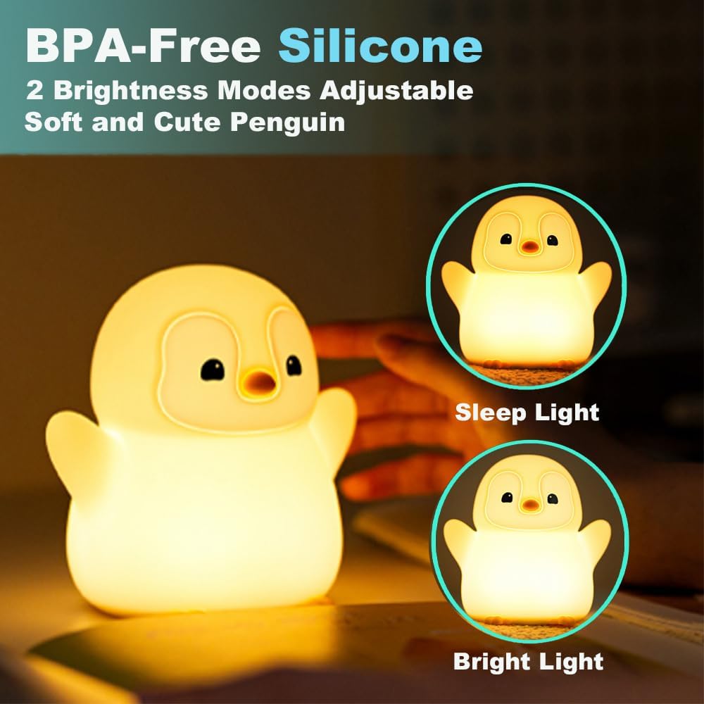 Cute Penguin Night Light for Kids Bedroom, Animal Silicone Nursery Night Lamp Touch Control Nightlights USB Rechargeable Bedside Lamp for Baby Children Toddlers Girls Gift