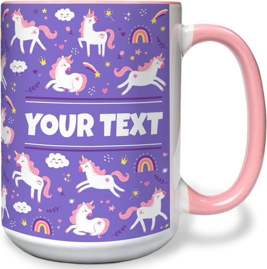 Personalized Mug for Kids - Purple Unicorn - Custom Name/Text, Ceramic Hot Chocolate/Cocoa/Coffee Cup for Girls, Birthday/Christmas/Holiday Gift - 15 oz, Pink Handle