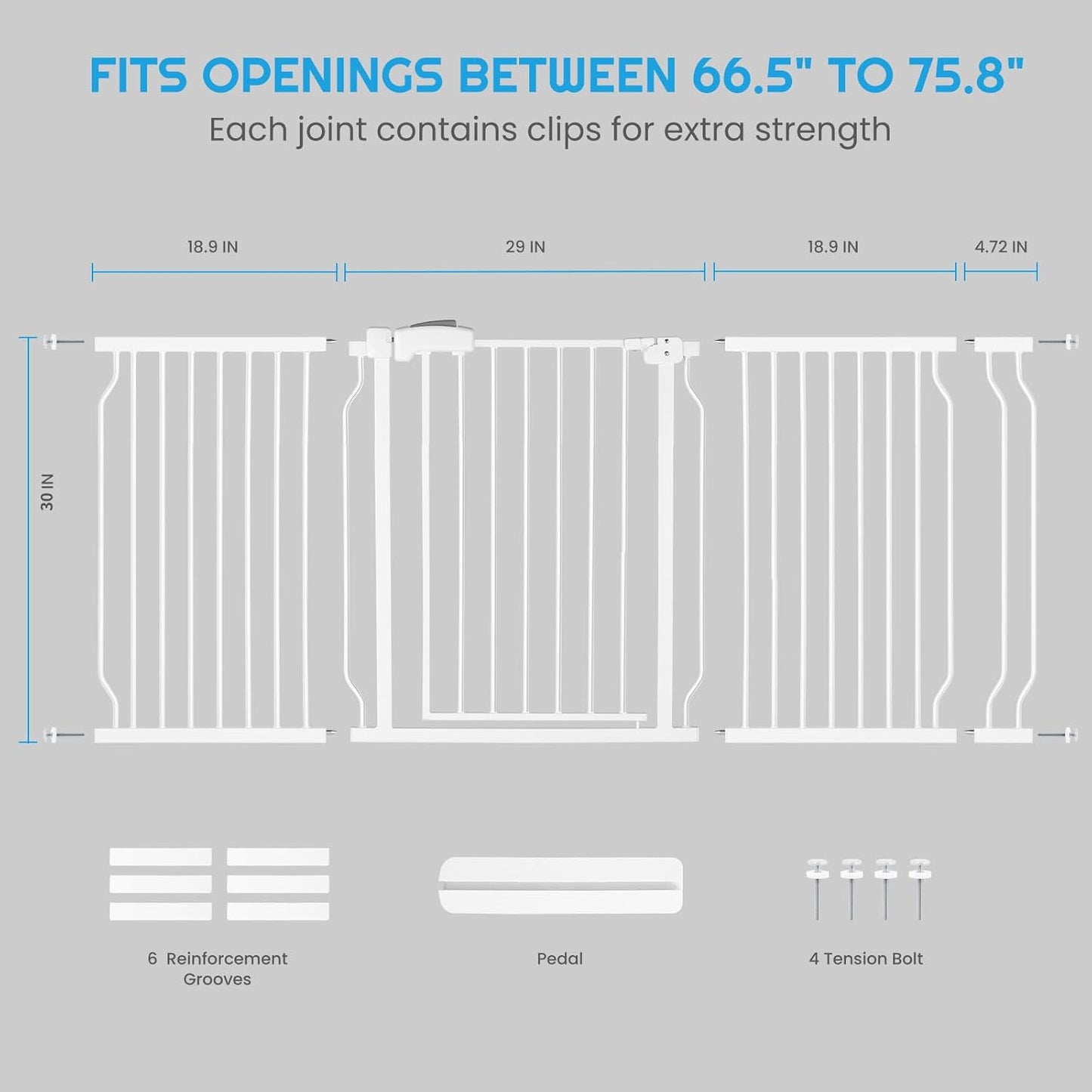 Extra Wide Baby Gate for Stairs Doorways with door, 30" Tall 66.5-75.8" Wide Easy Install Dog Gate indoor, Safety Metal Pressure Mounted Pet Gate with Walk-Thru Auto Close for the House, White