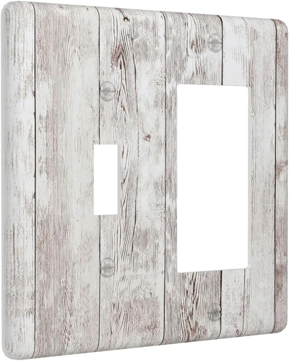 Outlet Covers Rustic Vintage White Wood Grain 1 Toggle 1 Rocker Combination Decorative Wall Plate Electrical Switch Plates Light Switch Cover Plate for Farmhouse Home Decor