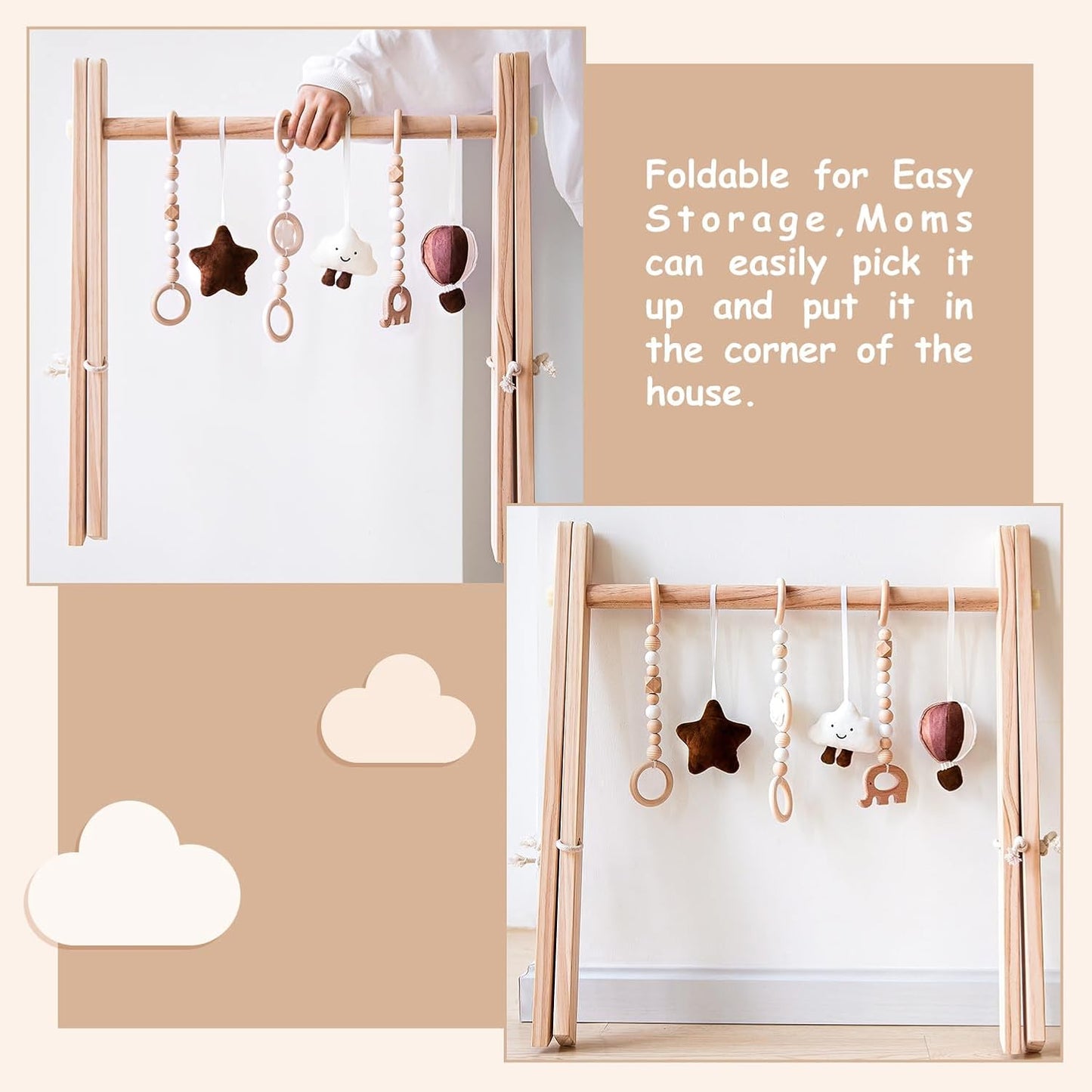 Wooden Baby Play Gym with Mat, Foldable Baby Play Gym Frame Activity Gym Hanging Bar with 6 Gym Baby Toys Rainbow Playmats for Newborn Baby (Natural)