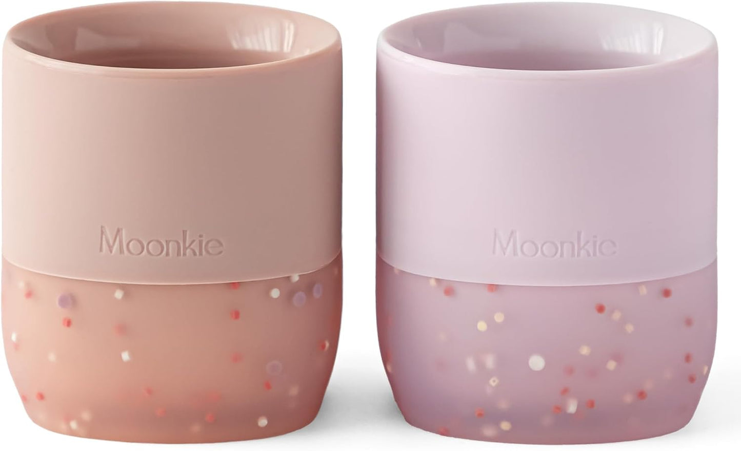 Moonkie Silicone Baby Cups 4 Months+ | Open Training Drinkware for Infants with Confetti Sprinkles | Baby-Led Weaning Essential | 2 oz (Blush/Soft Lilac, 2 Pack)