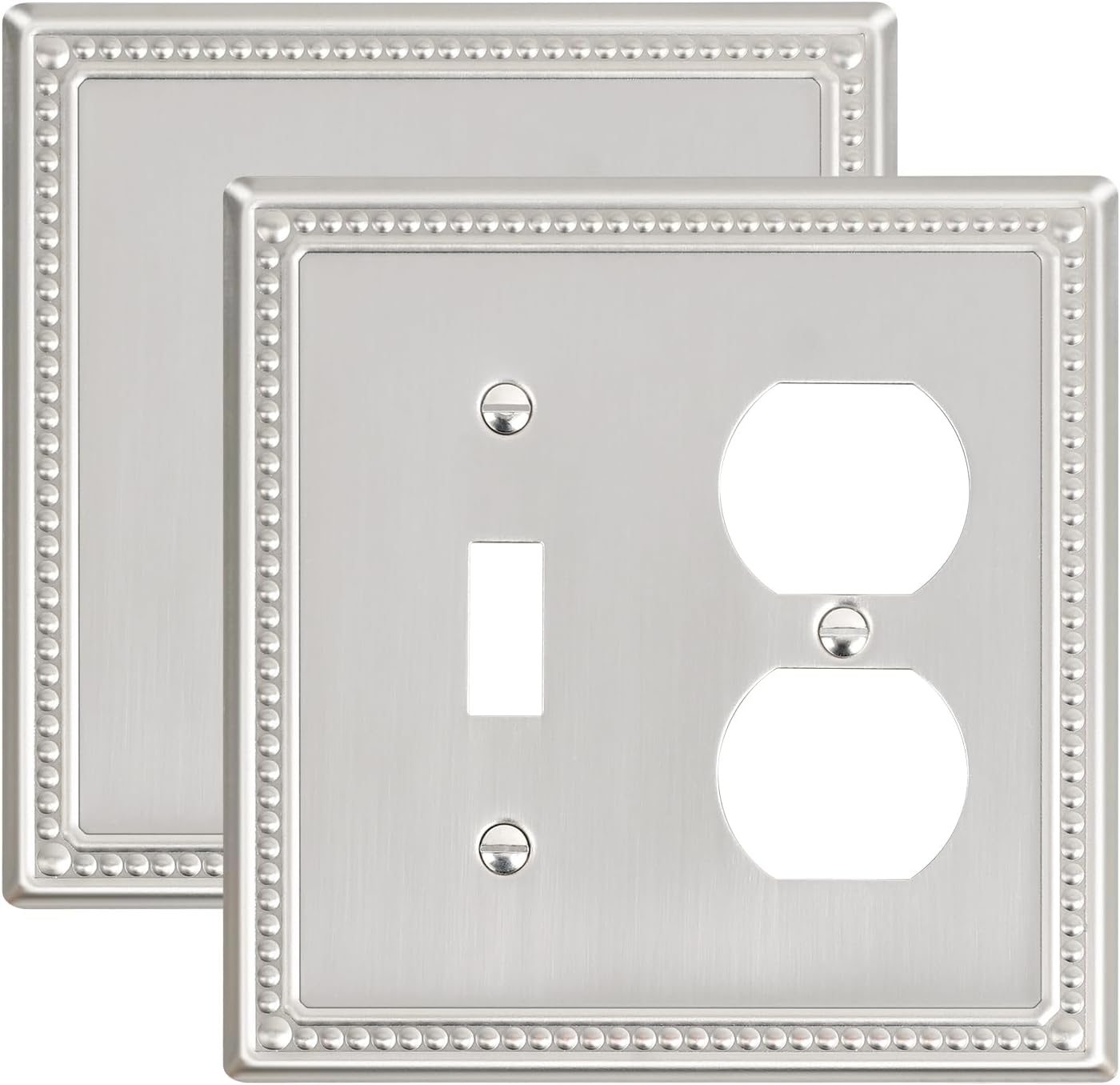 2-Pack Combo Toggle/Duplex Light Switch Cover Plate, Brushed Nickel Metal Wall Outlet Cover, Decorative Classic Beaded Wall Plate