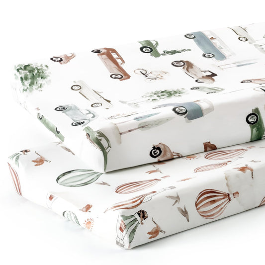 GRSSDER Stretch Ultra Soft Jersey Knit Changing Pad Cover Set 2 Pack, Change Table Pad Covers Fit 32"/34" x 16" Pads Safe and Snug, Pretty Diaper Changing Pad Covers of Cars Print