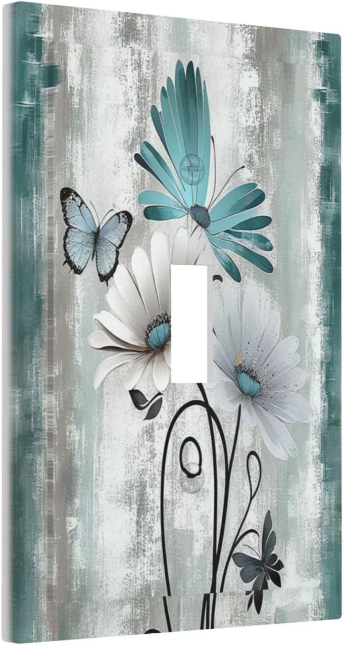 Decorative Light Switch Cover Rustic Teal Daisy Floral Flowers Butterfly Wood Grain 1 Gang Single Toggle Device Electrical Faceplate Switchplates Decorator Outlet Wall Plate for Bathroom
