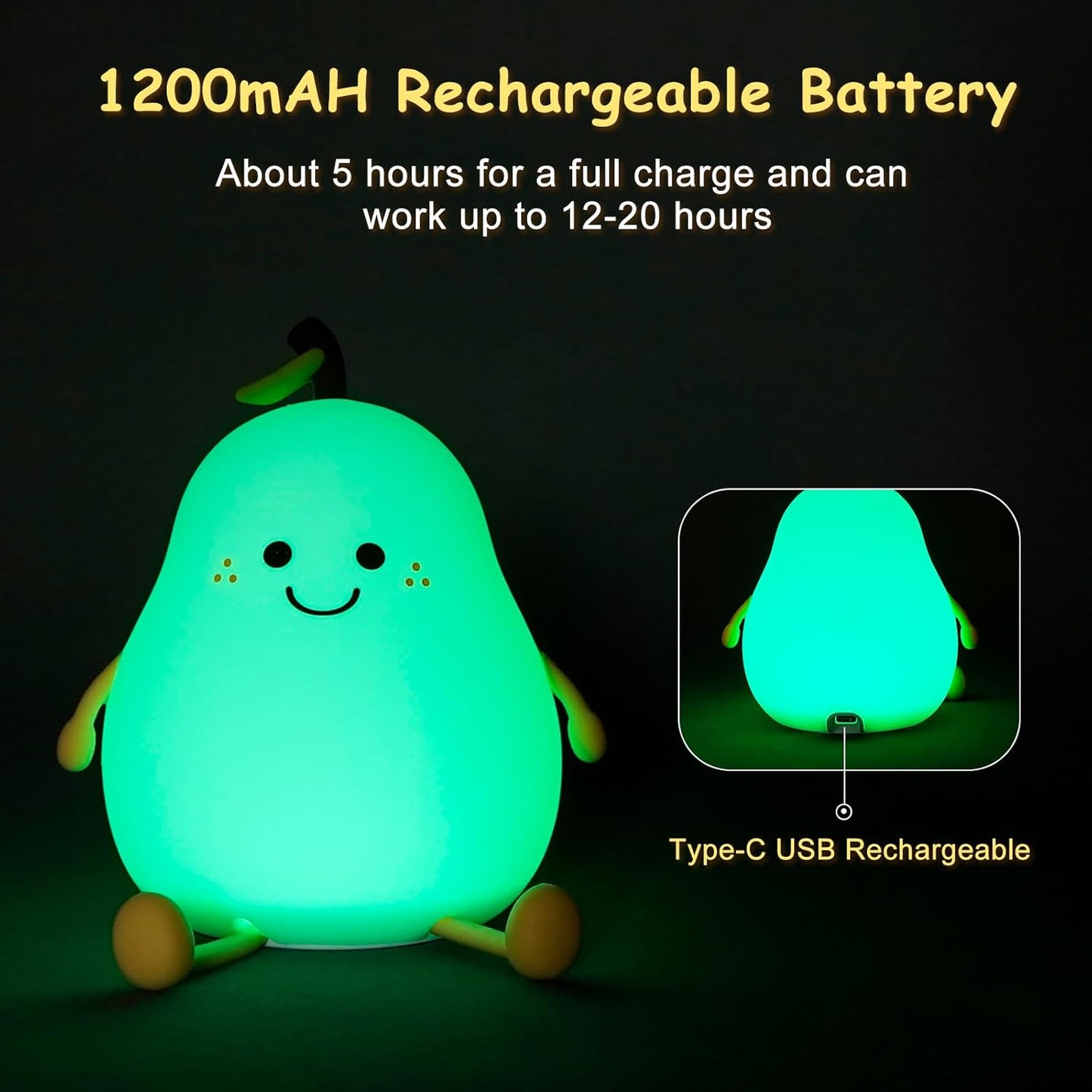 Aolyty Kids Night Light, Cute Silicone Pear Table Lamp Warm Light&7 Colors Modes Clap Light with Timer Dimmable Bedside Lamp USB Charge Gifts for Children Boys Girls Room Decor