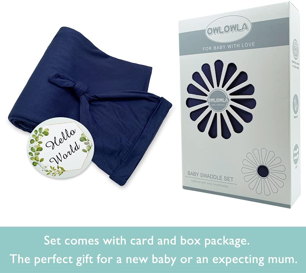 OWLOWLA Swaddle Blanket and Hat Set Newborn Swaddle Wrap Baby Receiving Blanket for Baby Boys Girls(Navy)