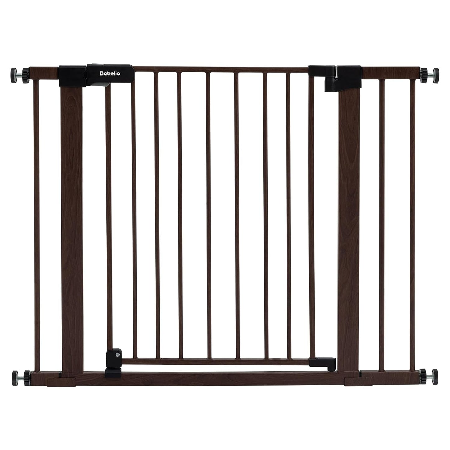 BABELIO 29-40" Metal Baby Gate with Black Wood Pattern, Auto Close Dog Door for The House、Stairs and Doorways, Pressure Mounted Pet Barrier, with Wall Protectors and Extenders