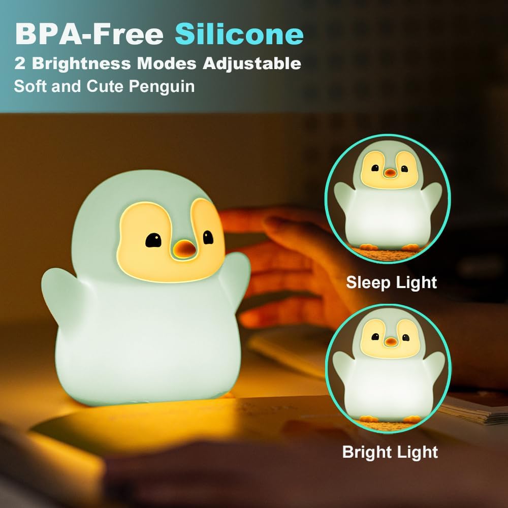 Cute Penguin Night Light for Kids Bedroom, Animal Silicone Nursery Night Lamp Touch Control Nightlights USB Rechargeable Bedside Lamp for Baby Children Toddlers Girls Gift