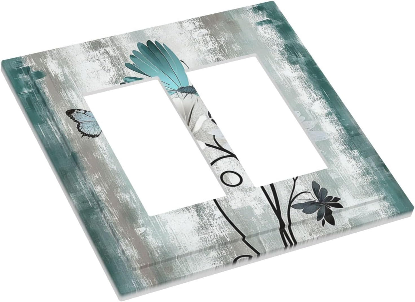 Decorative Outlet Covers Rustic Teal Daisy Floral Flowers Butterfly Wood Grain 2 Gang Double GFCI Rocker Electrical Wall Panels Light Switch Cover Plate for Bathroom Bedroom Decor