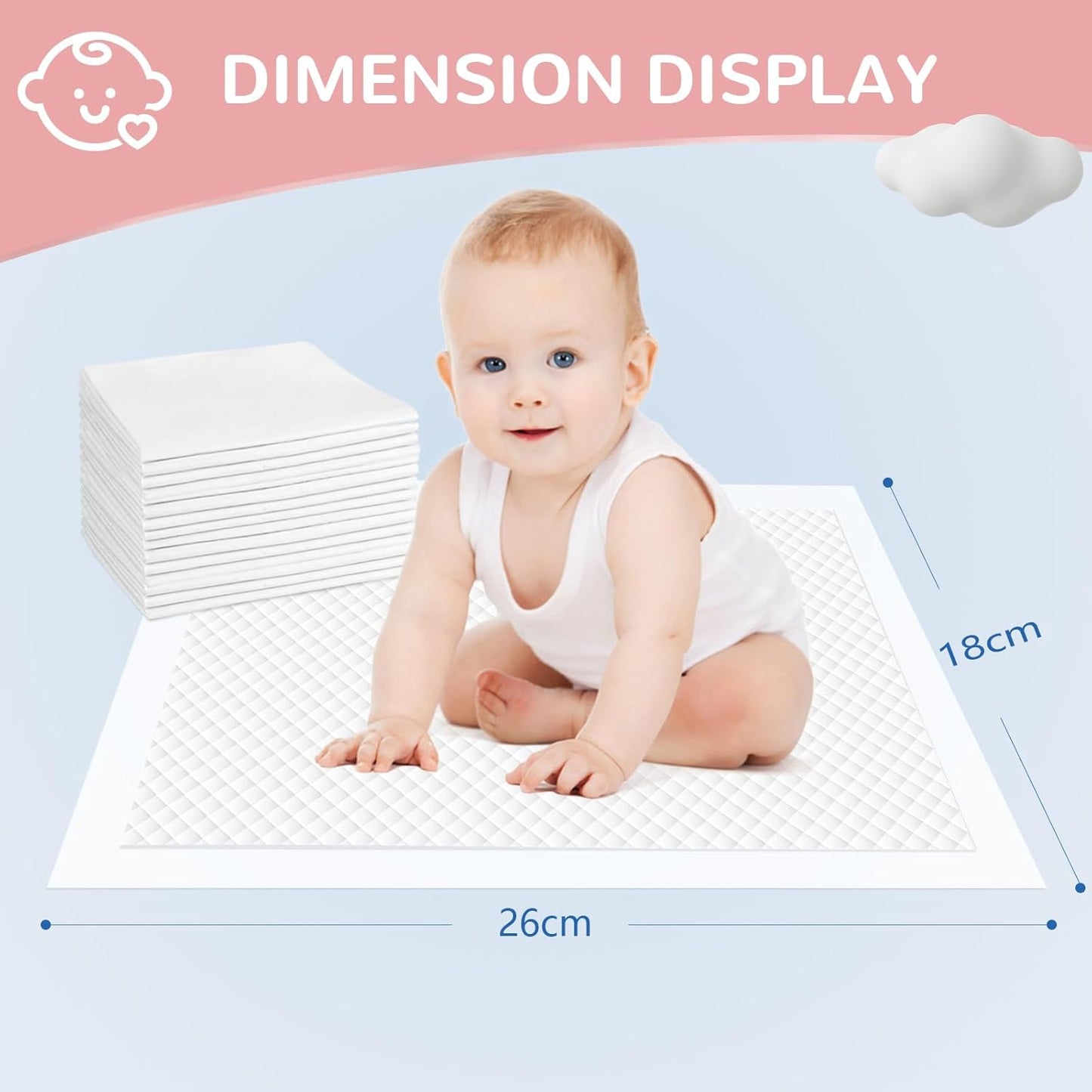 Disposable Changing Pads Liners 18"x26"(50pcs) Baby Pads, Hot Air Cotton Surface Pee Pads, Waterproof & Absorbent Diaper Changing Pads, Disposable Underpads for Baby, Toddler or Pet