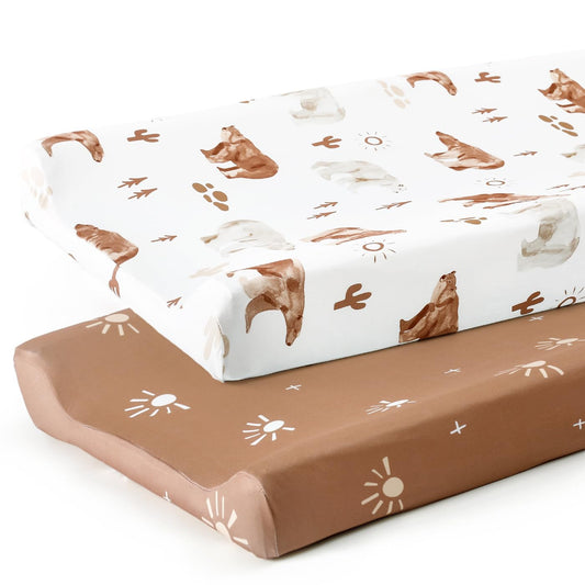 GRSSDER Stretch Ultra Soft Jersey Knit Changing Pad Cover Set 2 Pack, Change Table Pad Covers Fit 32"/34" x 16" Pads Safe and Snug, Cute Diaper Changing Pad Covers of Sunny Bear Print