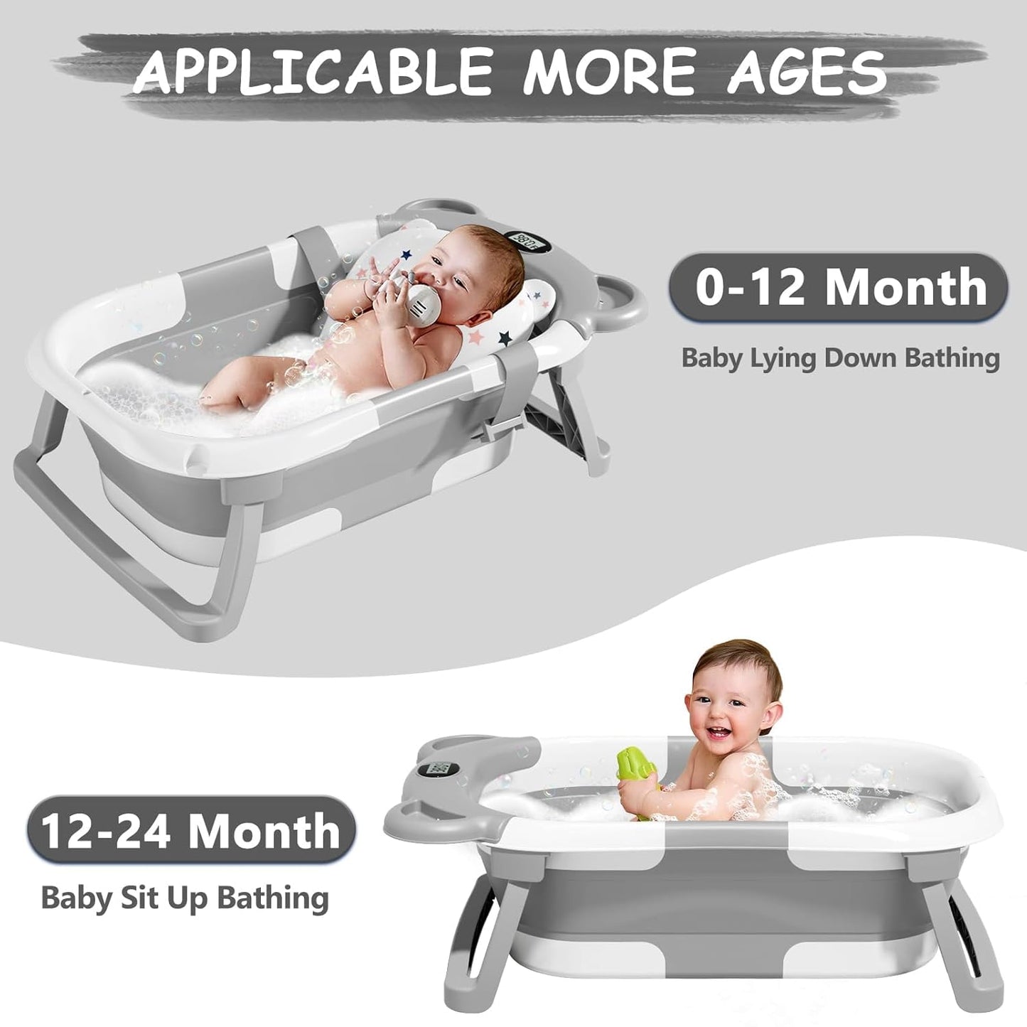 TPN Collapsible Baby Bathtub, Baby Bath Tub with Soft Cushion & Real-Time Thermometer, Baby Bathtub Infant to Toddler Tub (0-36 Months), Portable Newborn Travel Bath tub