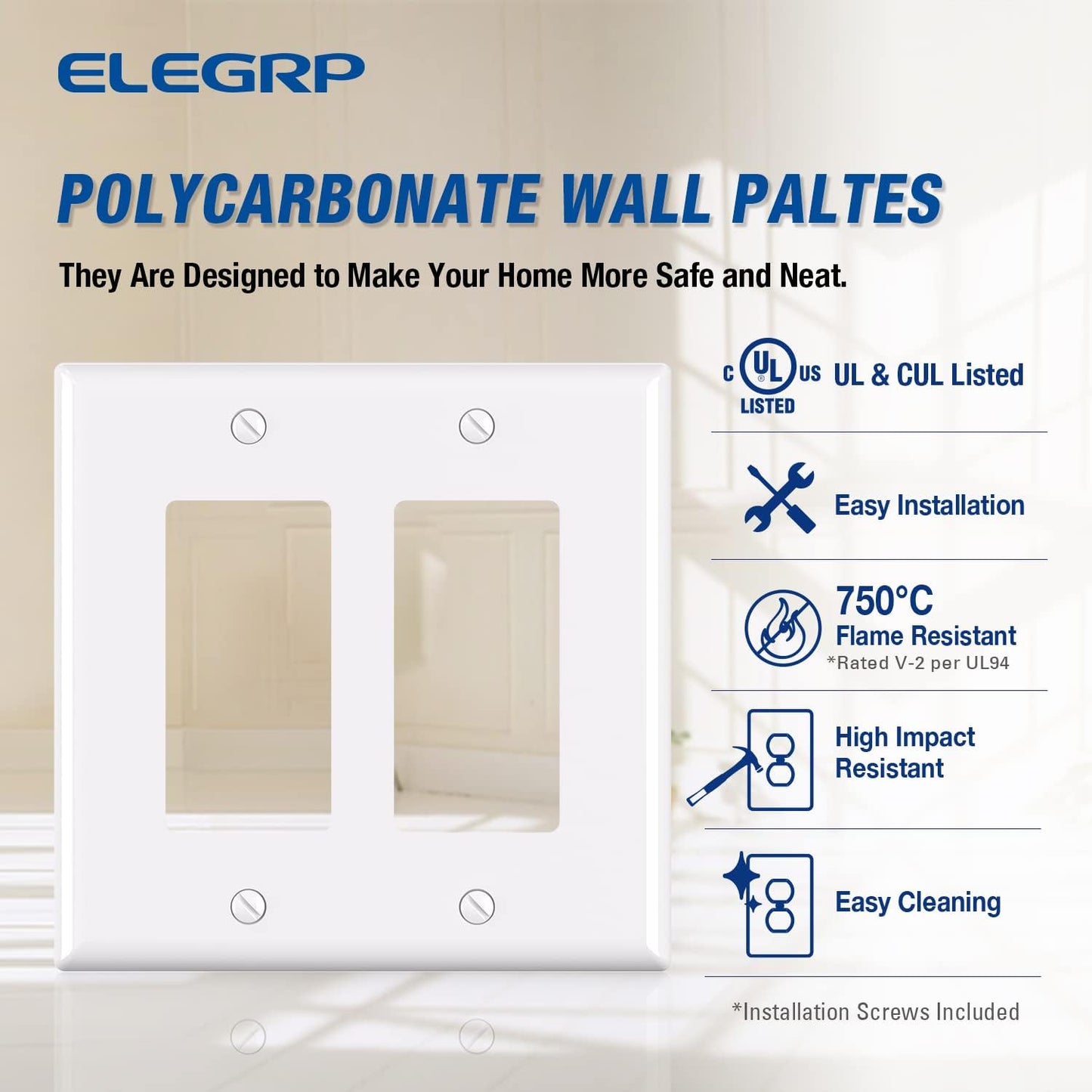 ELEGRP 2-Gang Decorative Wall Plates, Mid-Size 4.88" H x 4.94" L Unbreakable Thermoplastic Faceplate Cover for Decorator Receptacle Outlet Switch, UL Listed (5 Pack, Glossy White)