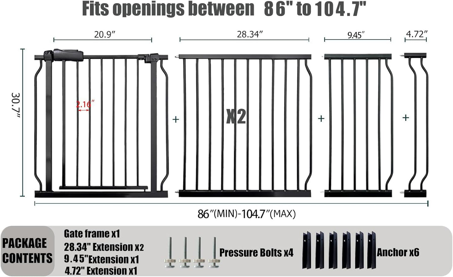 Heavy Duty Baby & Dog Safety Gate 86-104.7 Inch, Black Metal, Pressure Mounted No Drilling Pet Gate for Large Openings