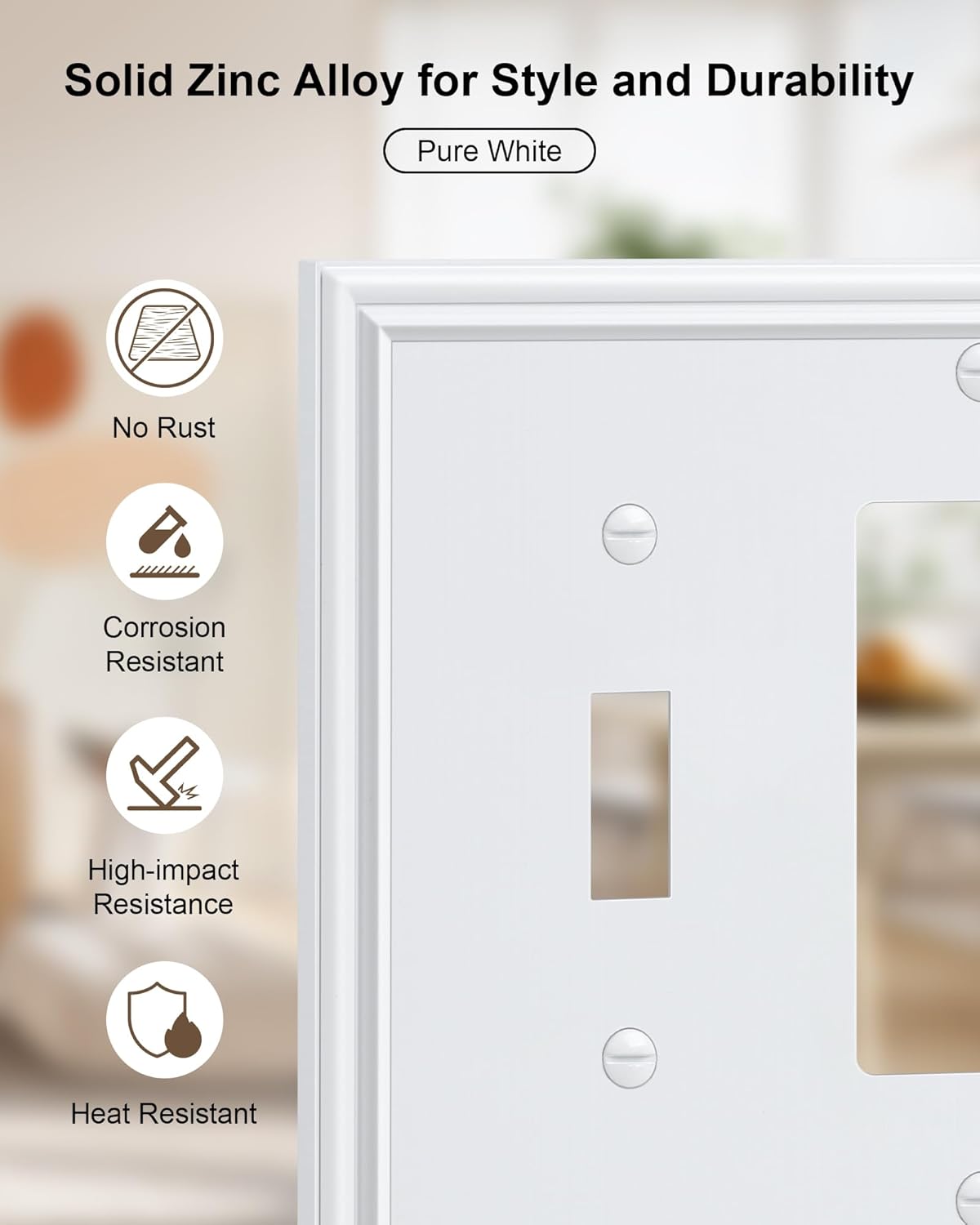 2-Pack Combo Toggle/Decorator Light Switch Cover Plate, Pure White Decorative Electrical Outlet Covers, Durable Solid Zinc Alloy Wall Switch Plates and Outlet Covers