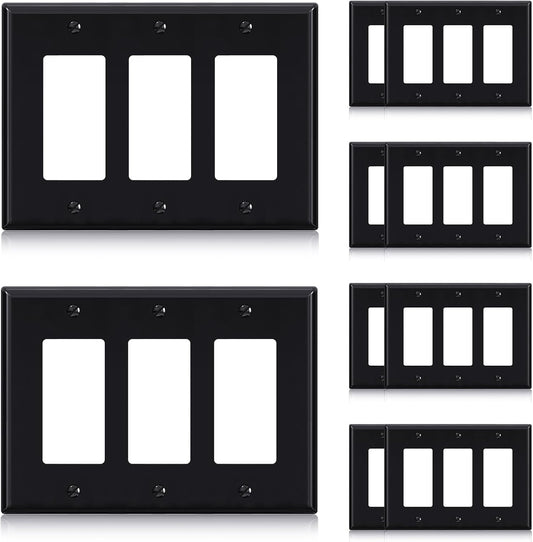 ELEGRP 3-Gang Decorative Wall Plates, Mid-Size 4.88" H x 6.75" L Unbreakable Thermoplastic Faceplate Cover for Decorator Receptacle Outlet Switch, UL Listed (10 Pack, Glossy Black)