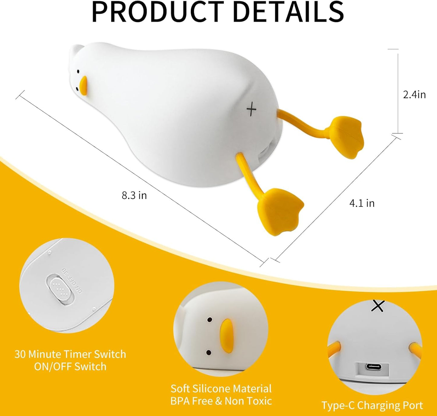 Squishy Night Light, Lying Flat Duck Night Light, Travel Nightlight, 3 Level Dimmable Nursery, Rechargeable Bedside Touch Lamp for Breastfeeding Toddler Baby Kids Decor