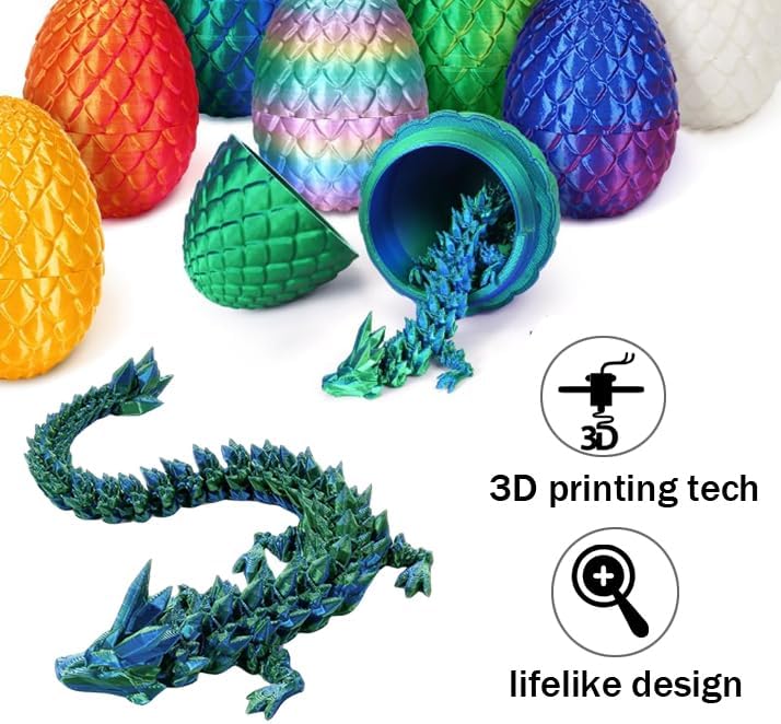 Cessfle 3D Printed Dragon in Egg, Crystal Dragon Eggs with Dragon Inside, Full Articulated Dragon Eggs 3D Dragon Toys, Mystery Dragon Egg for House of Dragon, 3D Printed Animals Fidget Toys