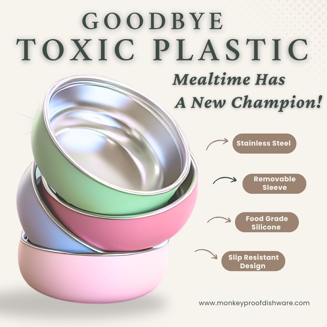 Monkey Proof™ Non-Toxic Stainless Steel Child Bowl 5” with Non-Slip Silicone Shell, (Set of 4 bowls) Unbreakable, Mess Free Feeding for Babies, Toddlers, Kids, BPA free (Mauve)